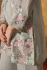 Greenish Grey Thread, Gotta & Mirror Embroidered Chinon Sharara Set