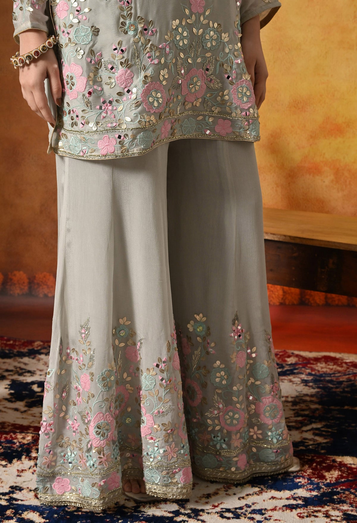 Greenish Grey Thread, Gotta & Mirror Embroidered Chinon Sharara Set