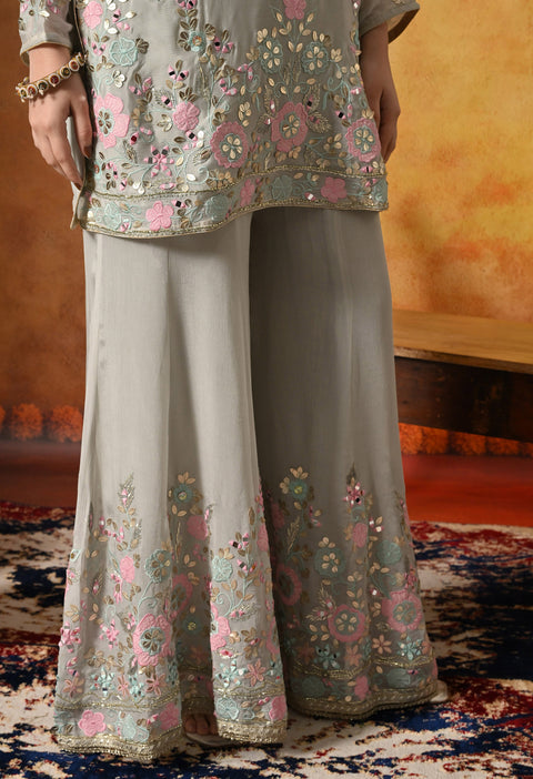 Greenish Grey Thread, Gotta & Mirror Embroidered Chinon Sharara Set