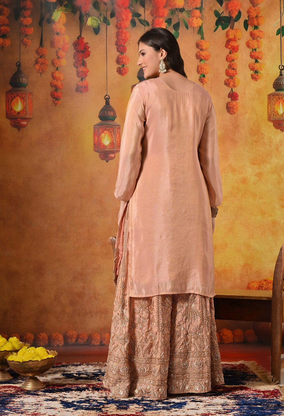 Peach Zardozi Embroidered Tissue Silk Sharara Set