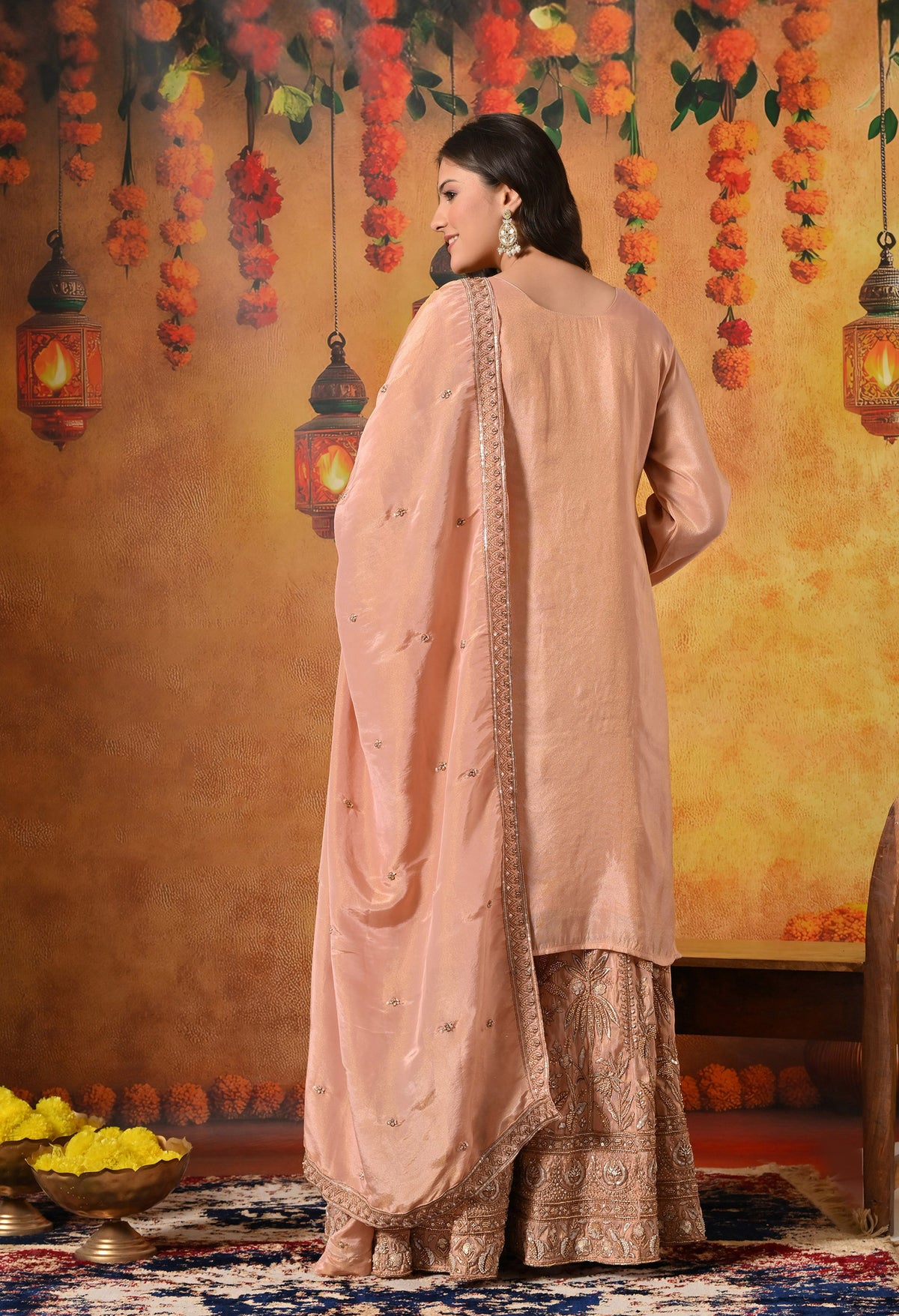Peach Zardozi Embroidered Tissue Silk Sharara Set