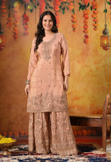 Peach Zardozi Embroidered Tissue Silk Sharara Set