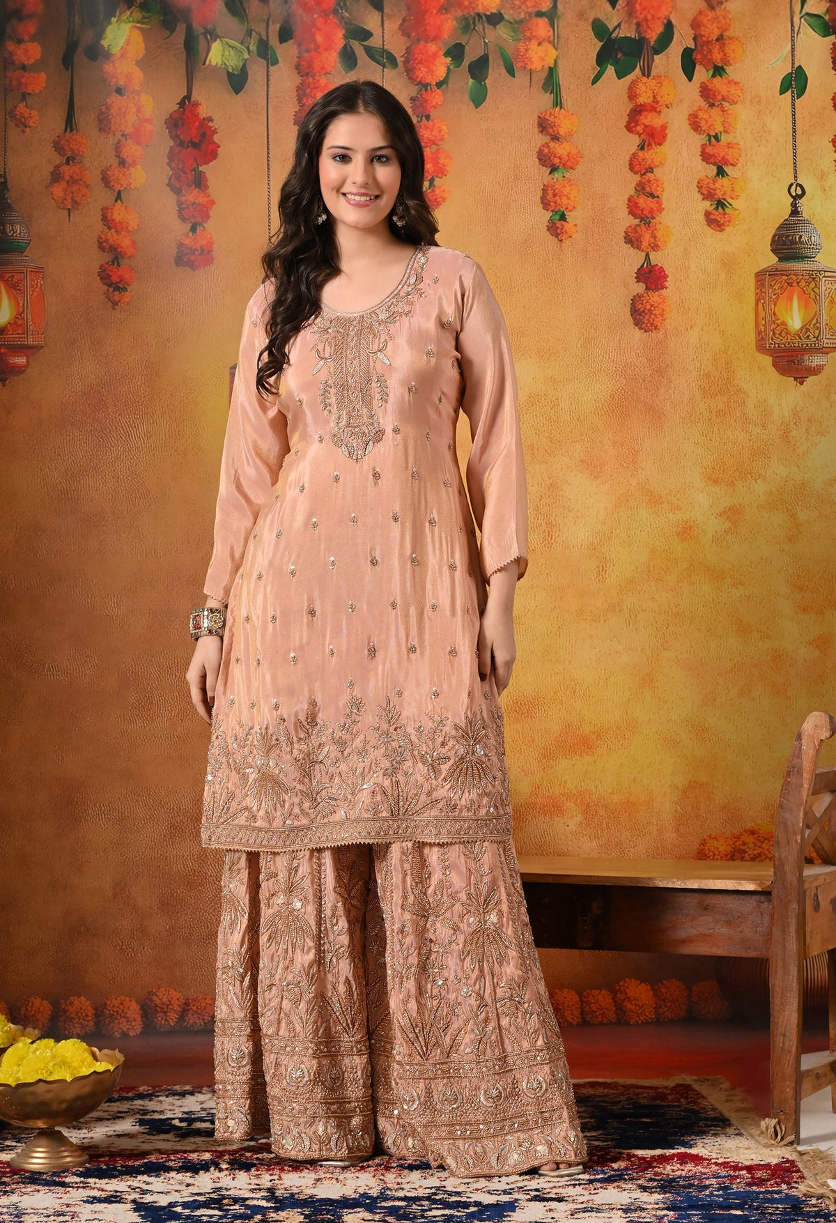 Peach Zardozi Embroidered Tissue Silk Sharara Set
