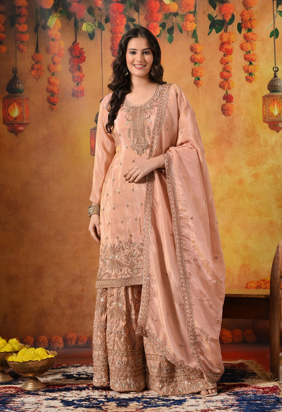 Peach Zardozi Embroidered Tissue Silk Sharara Set