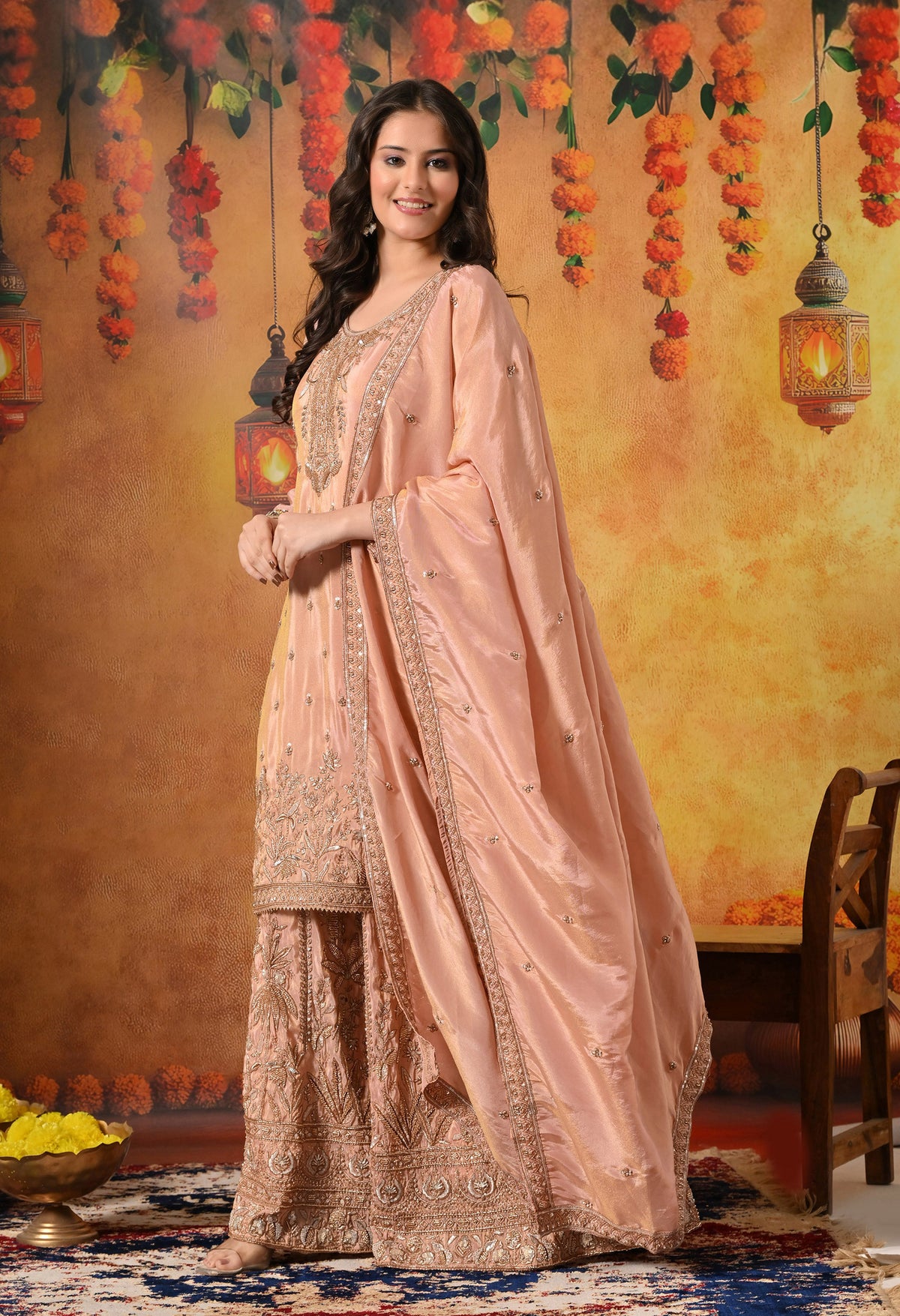 Peach Zardozi Embroidered Tissue Silk Sharara Set