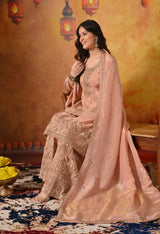 Peach Zardozi Embroidered Tissue Silk Sharara Set