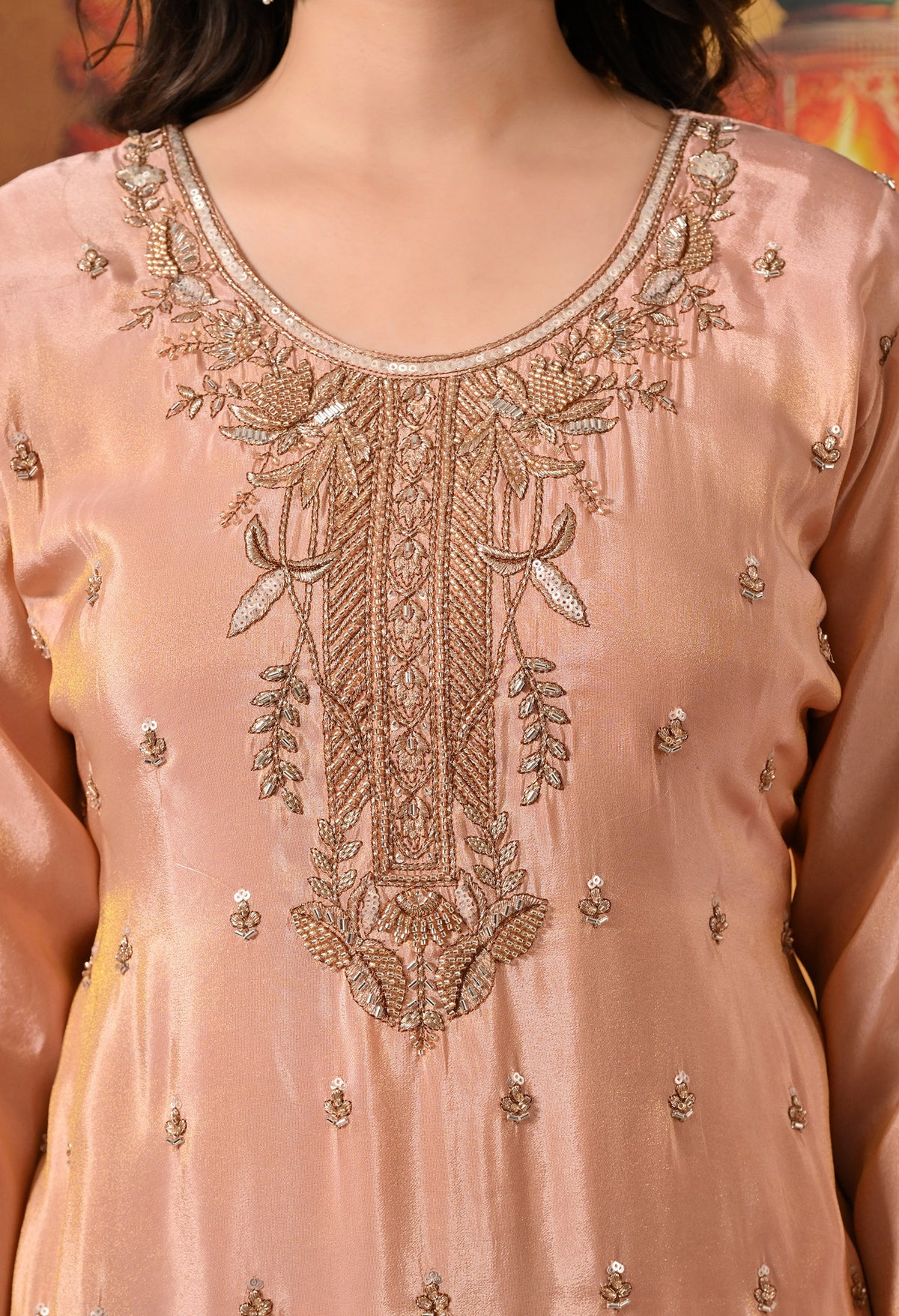 Peach Zardozi Embroidered Tissue Silk Sharara Set