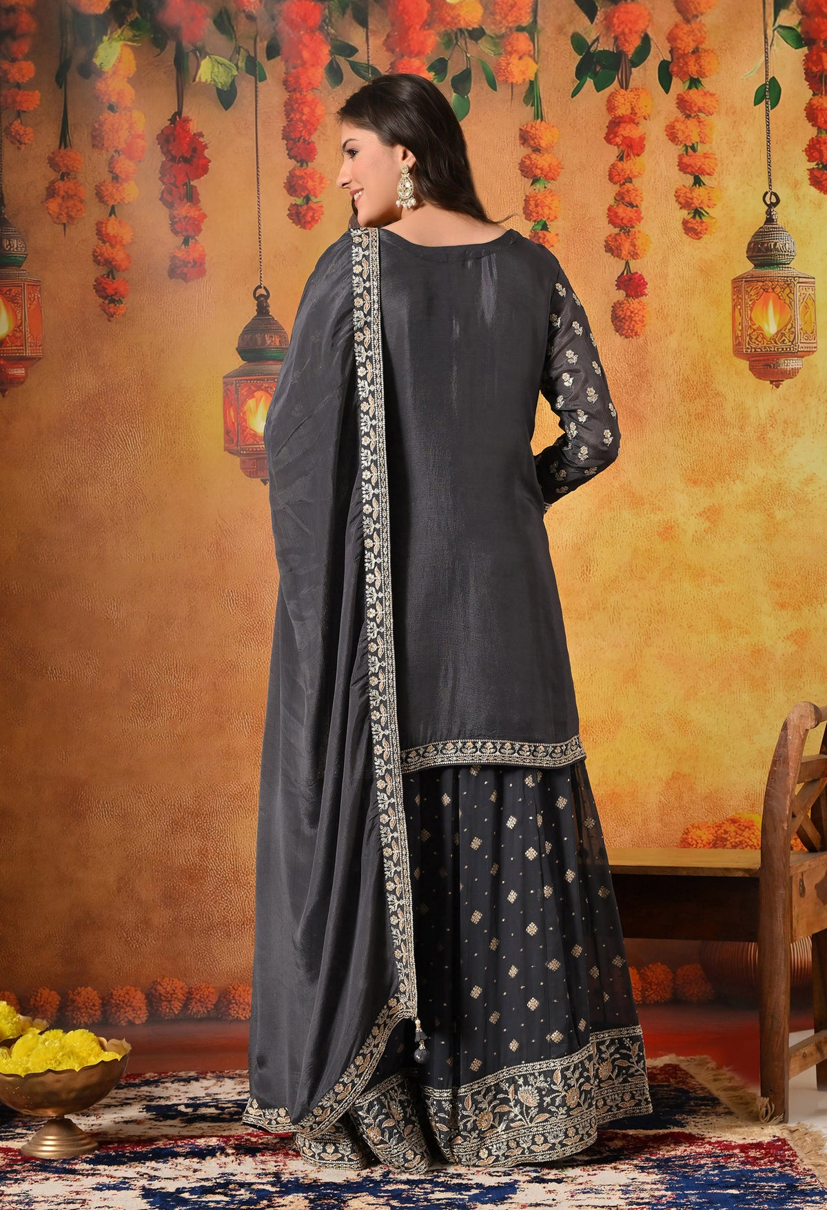 Grey Thread & Zardozi Embroidered Chinon Lehenga Set