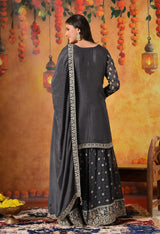 Grey Thread & Zardozi Embroidered Chinon Lehenga Set
