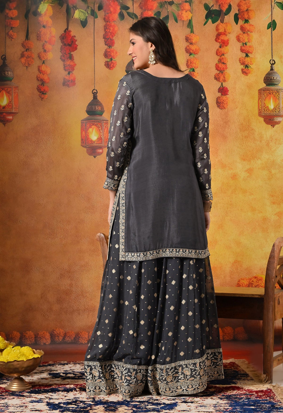 Grey Thread & Zardozi Embroidered Chinon Lehenga Set