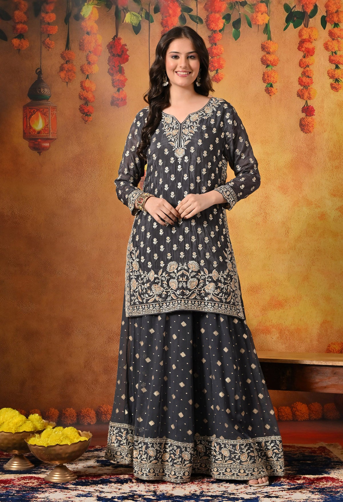 Grey Thread & Zardozi Embroidered Chinon Lehenga Set