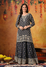 Grey Thread & Zardozi Embroidered Chinon Lehenga Set