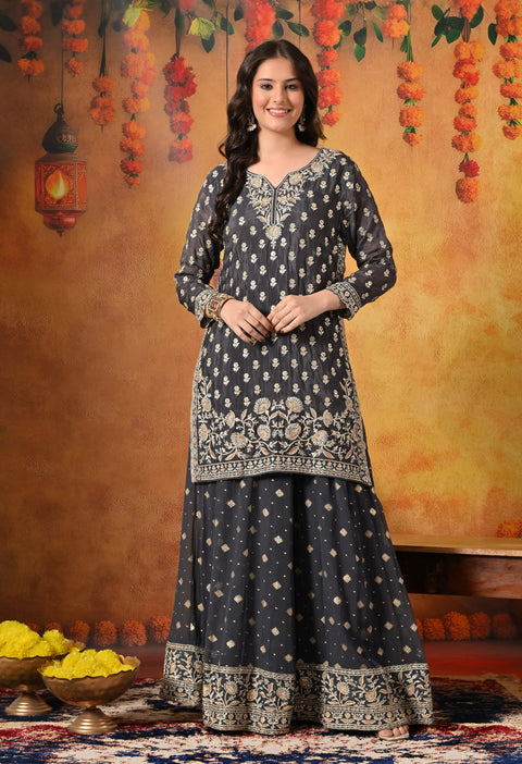 Grey Thread & Zardozi Embroidered Chinon Lehenga Set