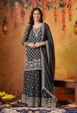 Grey Thread & Zardozi Embroidered Chinon Lehenga Set