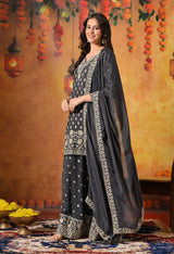 Grey Thread & Zardozi Embroidered Chinon Lehenga Set