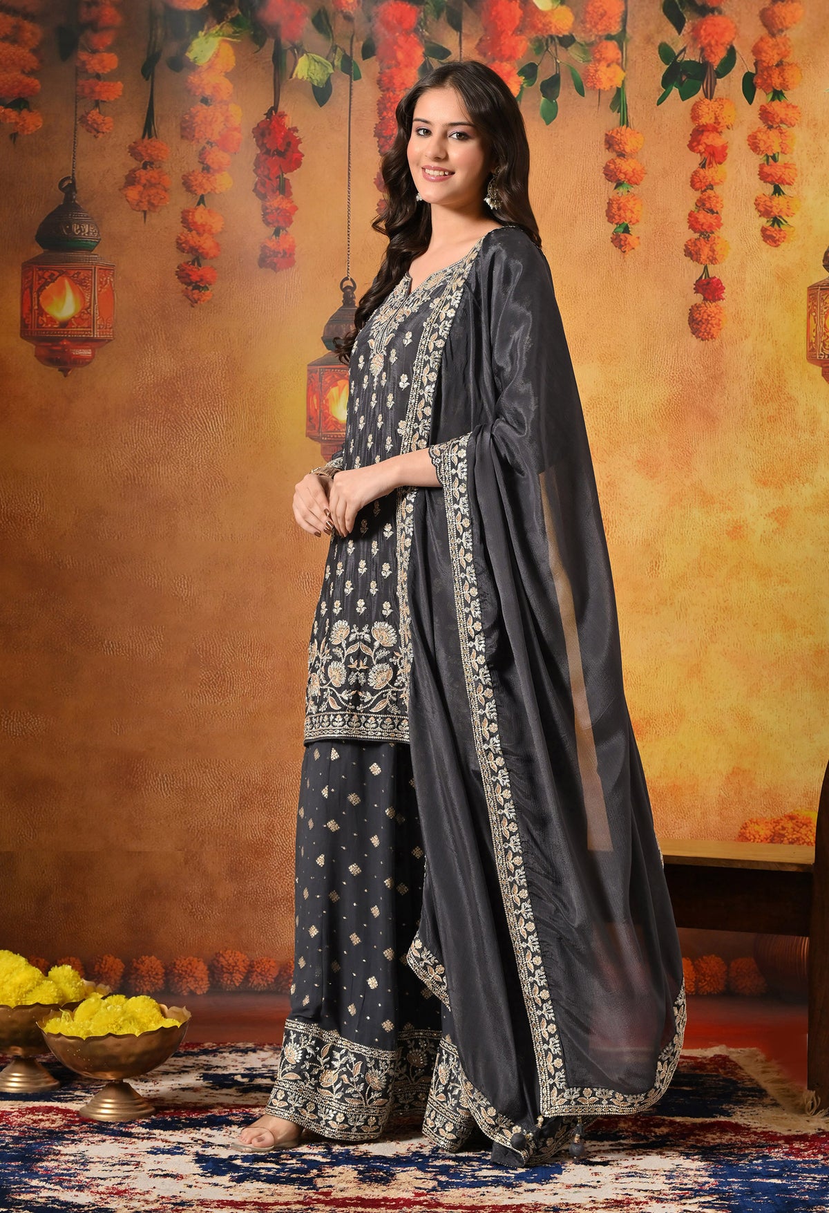 Grey Thread & Zardozi Embroidered Chinon Lehenga Set