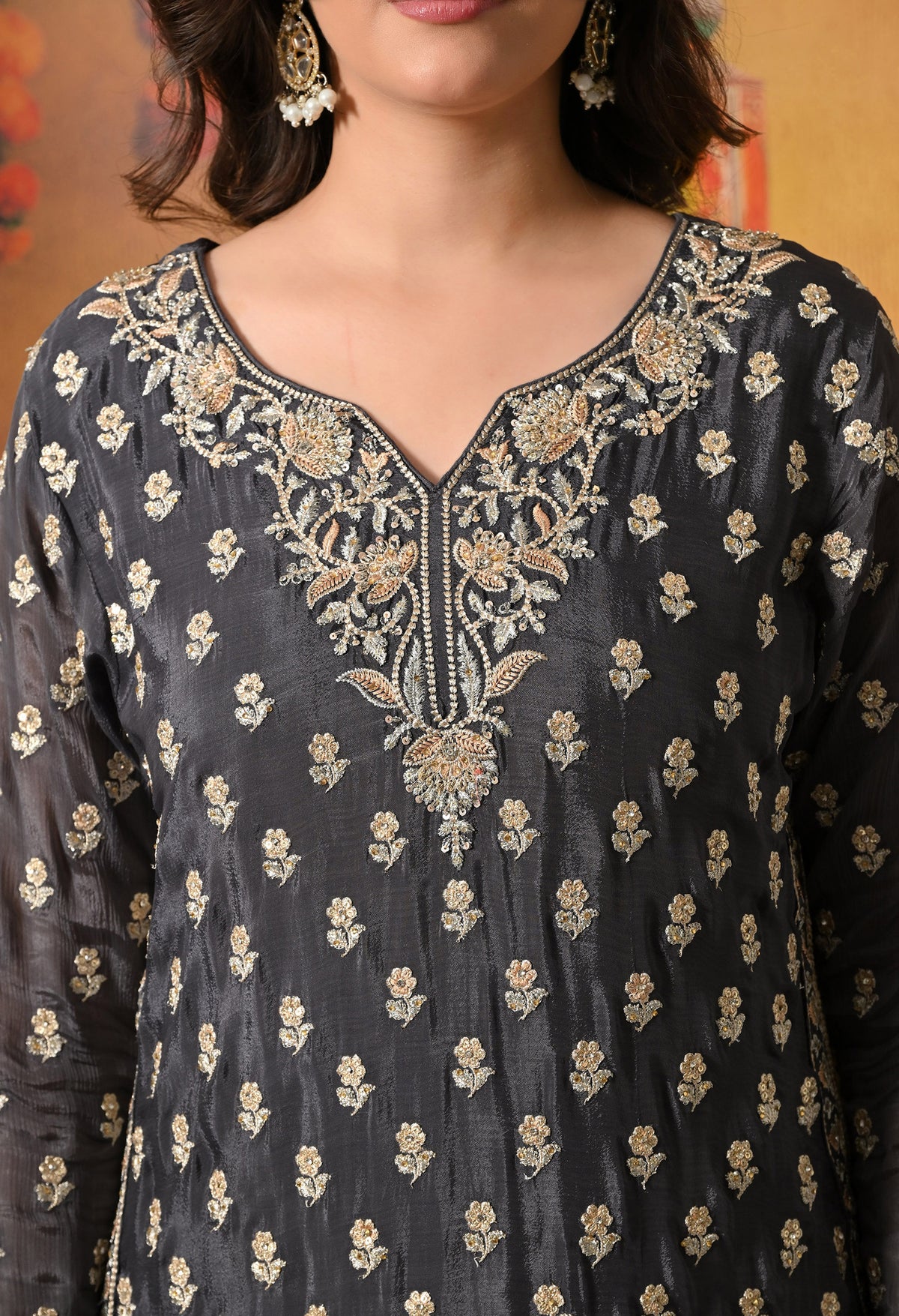 Grey Thread & Zardozi Embroidered Chinon Lehenga Set
