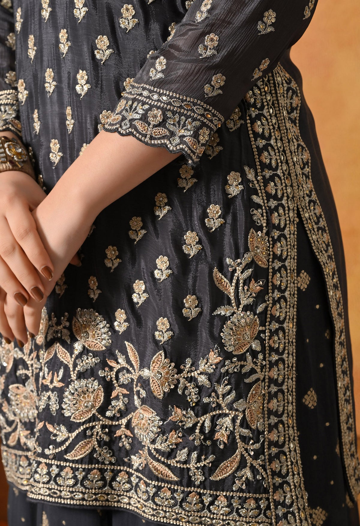 Grey Thread & Zardozi Embroidered Chinon Lehenga Set