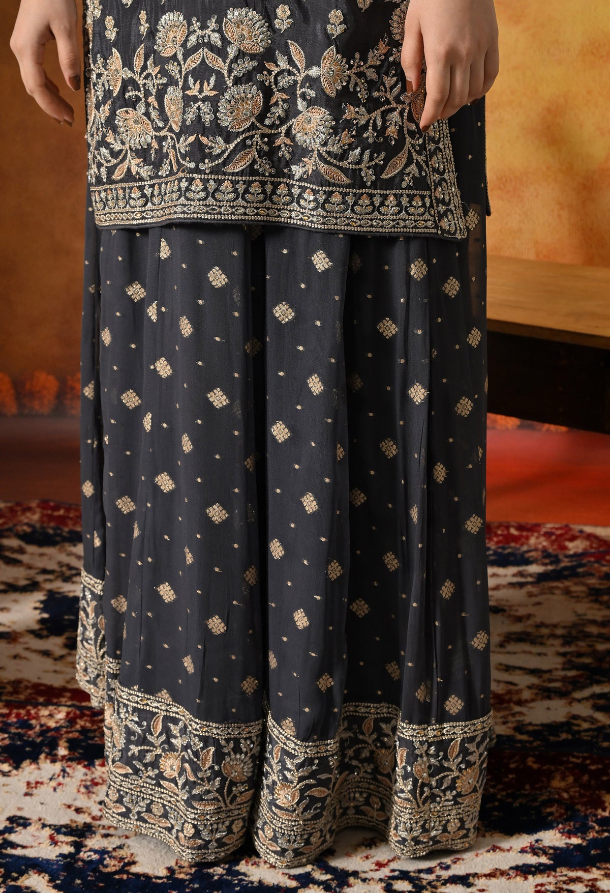 Grey Thread & Zardozi Embroidered Chinon Lehenga Set