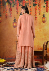Dark Peach Pearl & Zardozi Embroidered Chinon Sharara Set