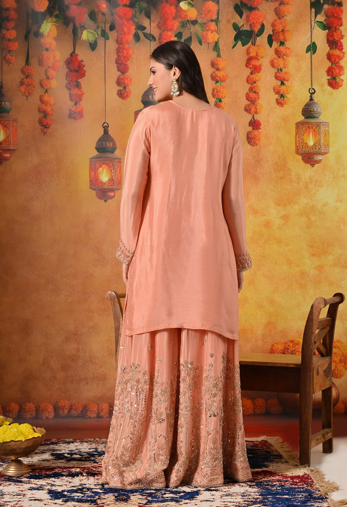 Dark Peach Pearl & Zardozi Embroidered Chinon Sharara Set