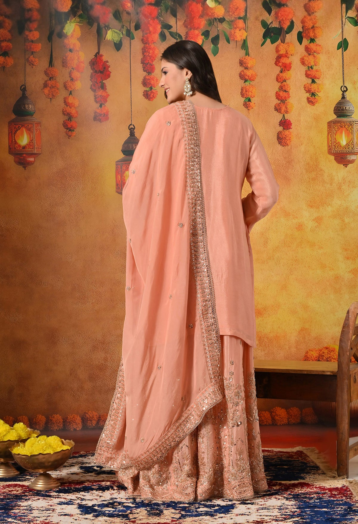 Dark Peach Pearl & Zardozi Embroidered Chinon Sharara Set