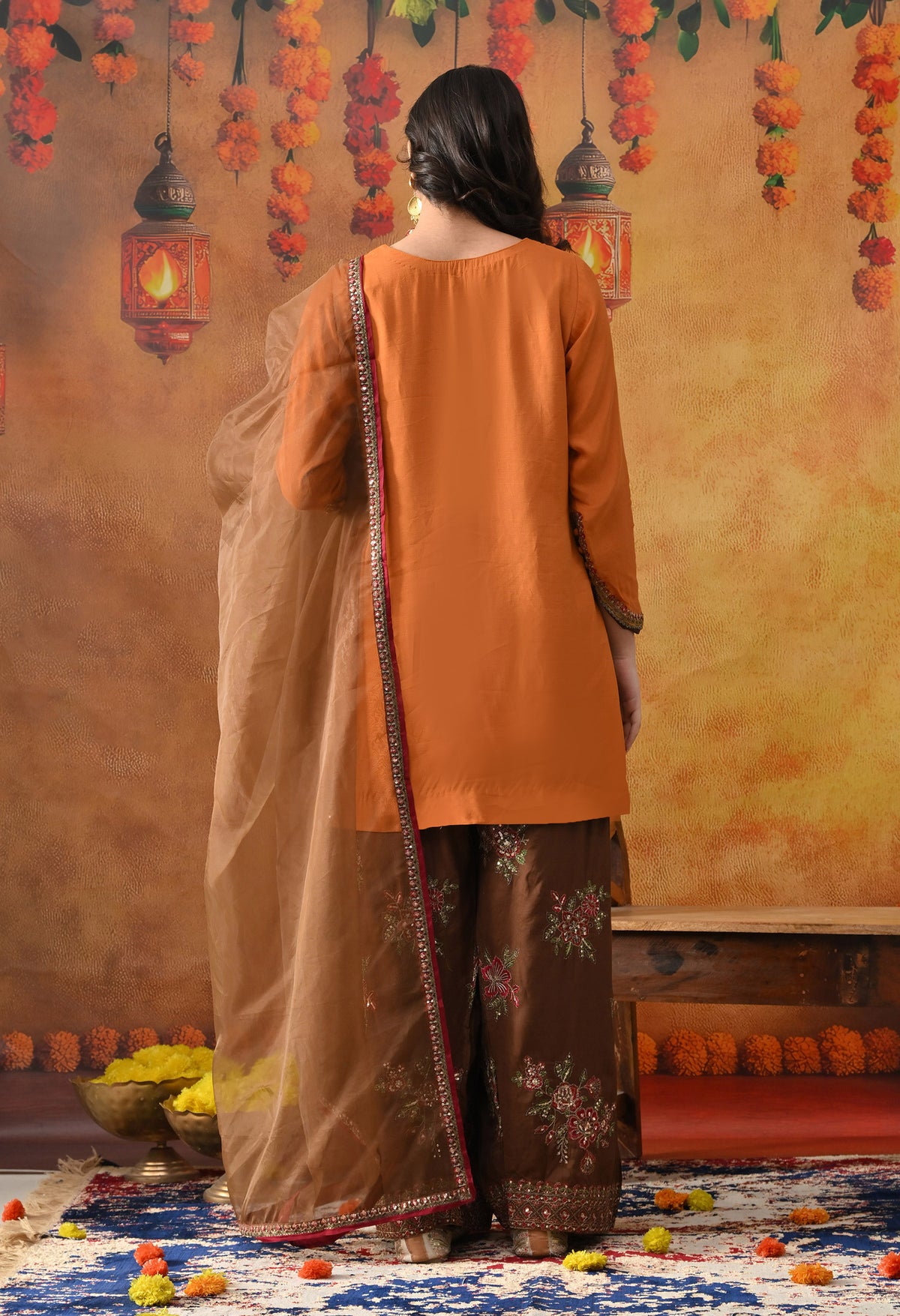 Orange Silk Kurta Set with Brown Farshi Salwar & Net Dupatta