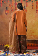 Orange Silk Kurta Set with Brown Farshi Salwar & Net Dupatta
