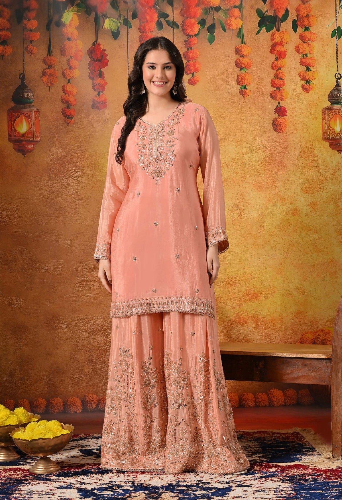 Dark Peach Pearl & Zardozi Embroidered Chinon Sharara Set