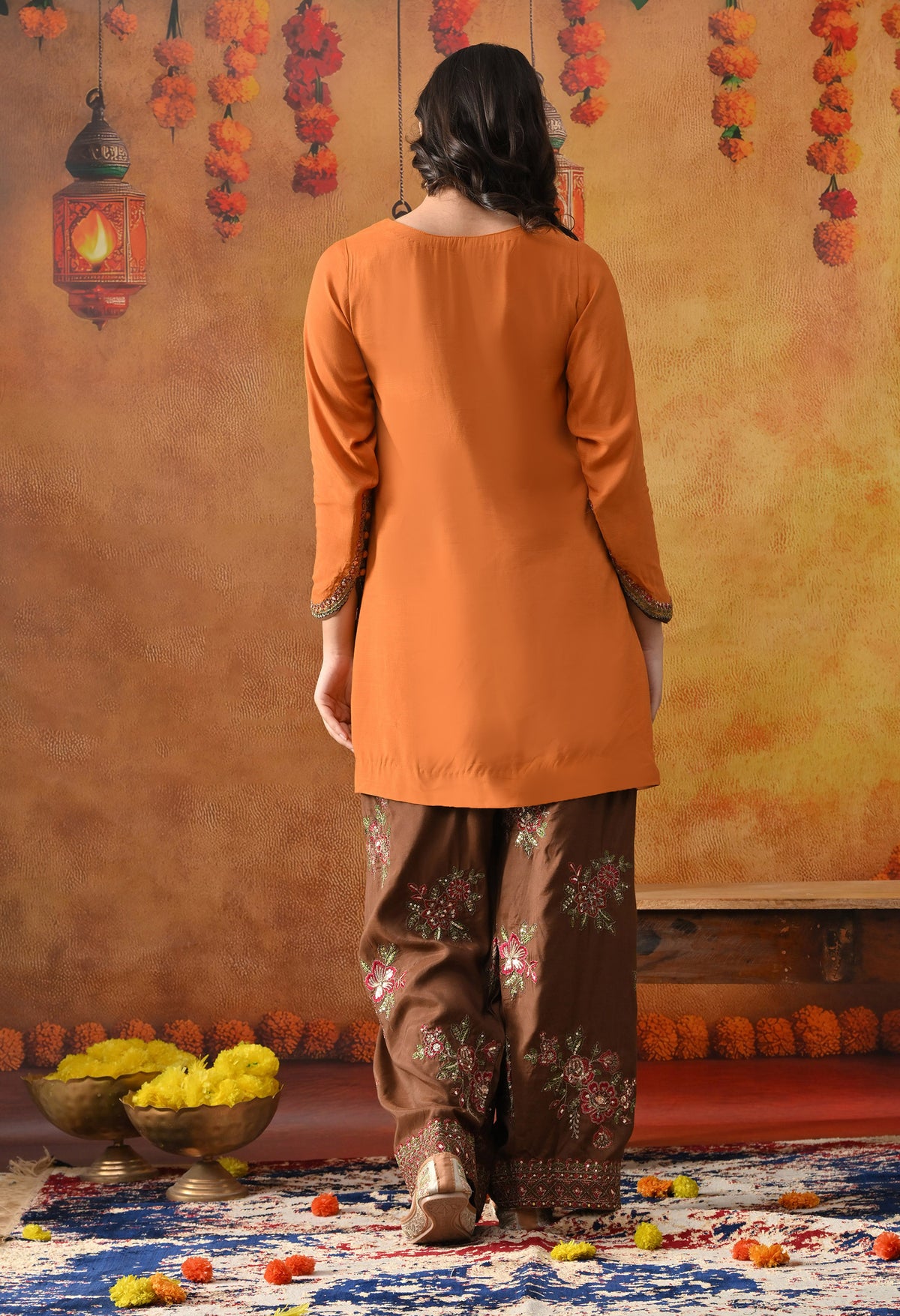 Orange Silk Kurta Set with Brown Farshi Salwar & Net Dupatta