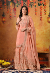 Dark Peach Pearl & Zardozi Embroidered Chinon Sharara Set