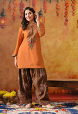 Orange Silk Kurta Set with Brown Farshi Salwar & Net Dupatta
