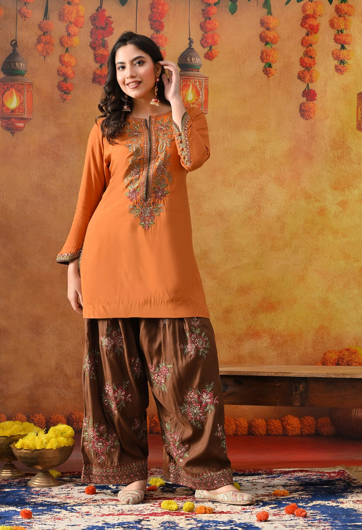 Orange Silk Kurta Set with Brown Farshi Salwar & Net Dupatta