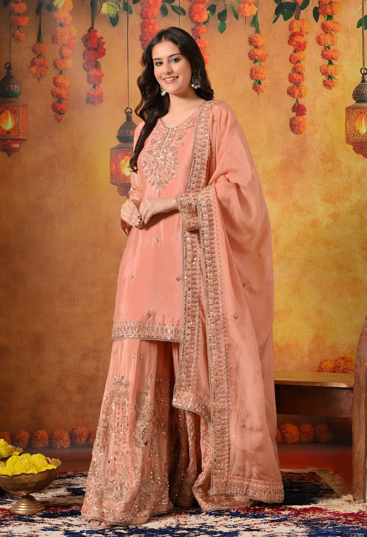 Dark Peach Pearl & Zardozi Embroidered Chinon Sharara Set