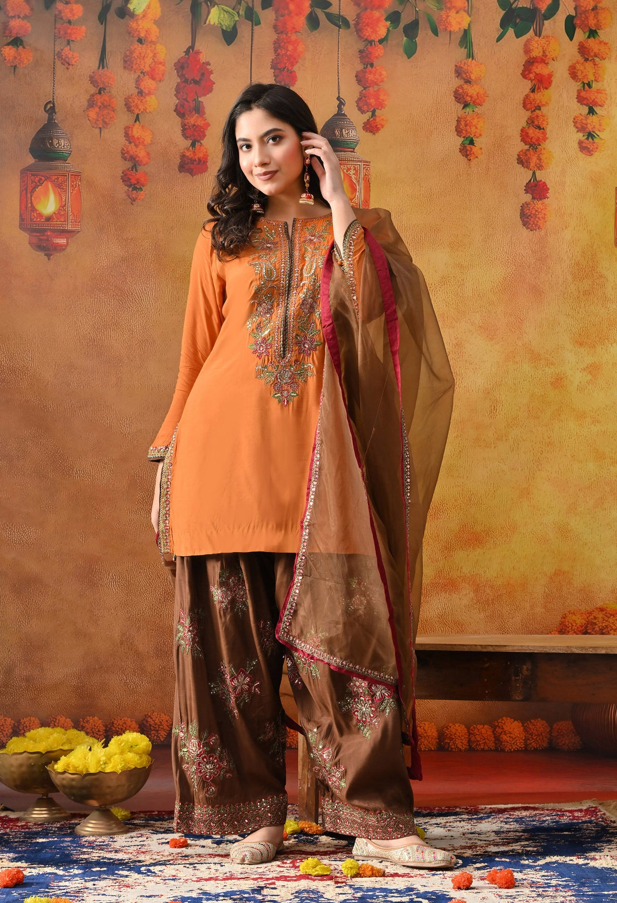 Orange Silk Kurta Set with Brown Farshi Salwar & Net Dupatta
