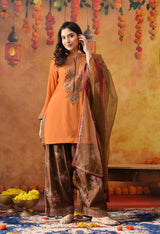 Orange Silk Kurta Set with Brown Farshi Salwar & Net Dupatta