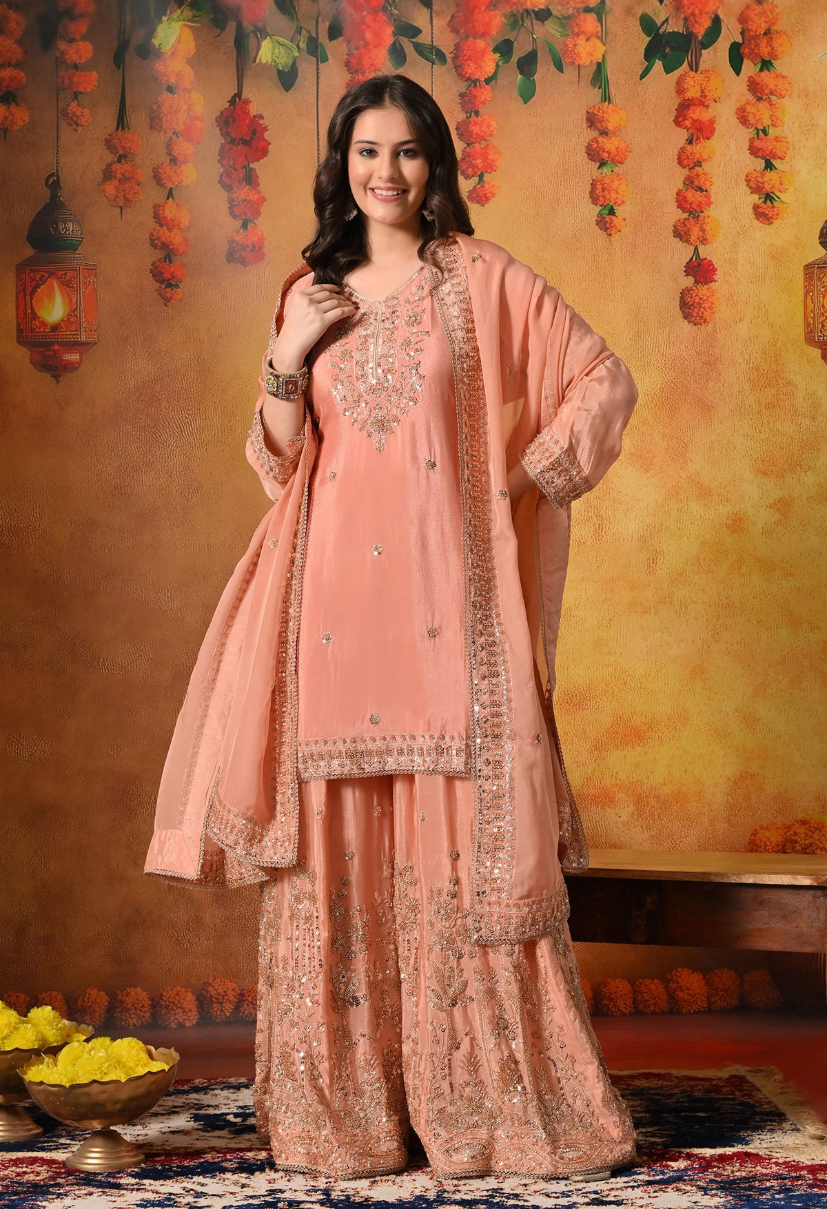 Dark Peach Pearl & Zardozi Embroidered Chinon Sharara Set