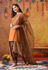 Orange Silk Kurta Set with Brown Farshi Salwar & Net Dupatta
