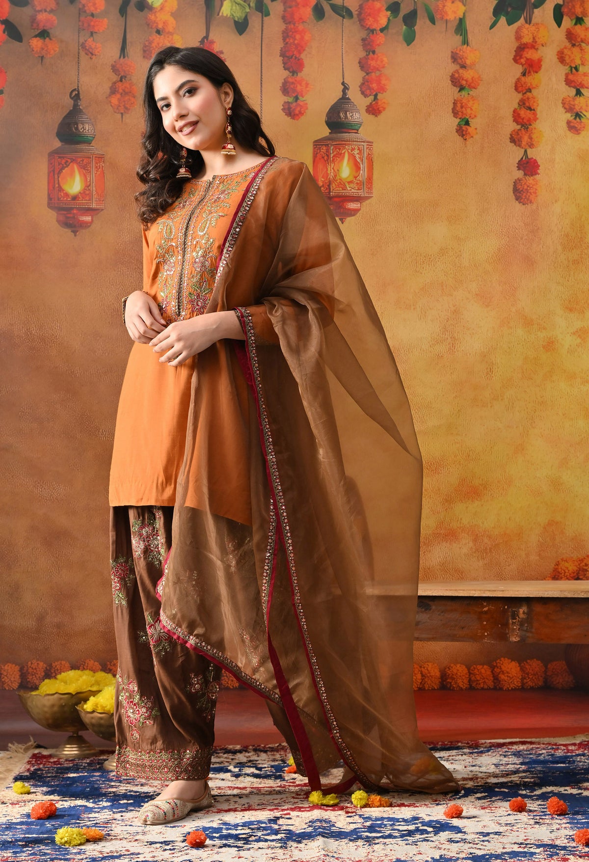 Orange Silk Kurta Set with Brown Farshi Salwar & Net Dupatta