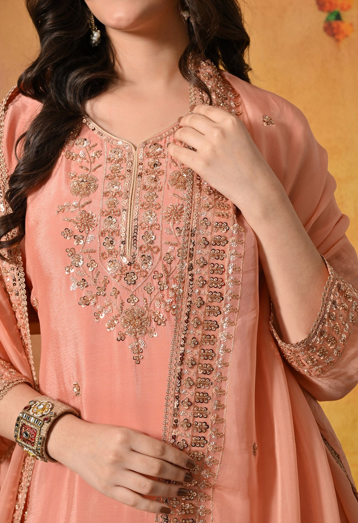 Dark Peach Pearl & Zardozi Embroidered Chinon Sharara Set