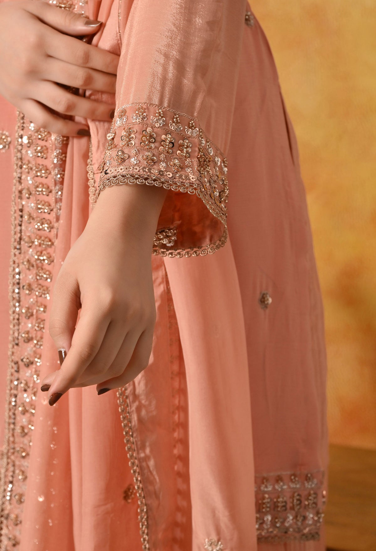 Dark Peach Pearl & Zardozi Embroidered Chinon Sharara Set