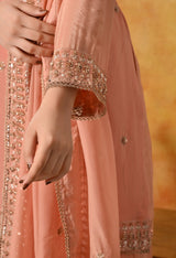 Dark Peach Pearl & Zardozi Embroidered Chinon Sharara Set