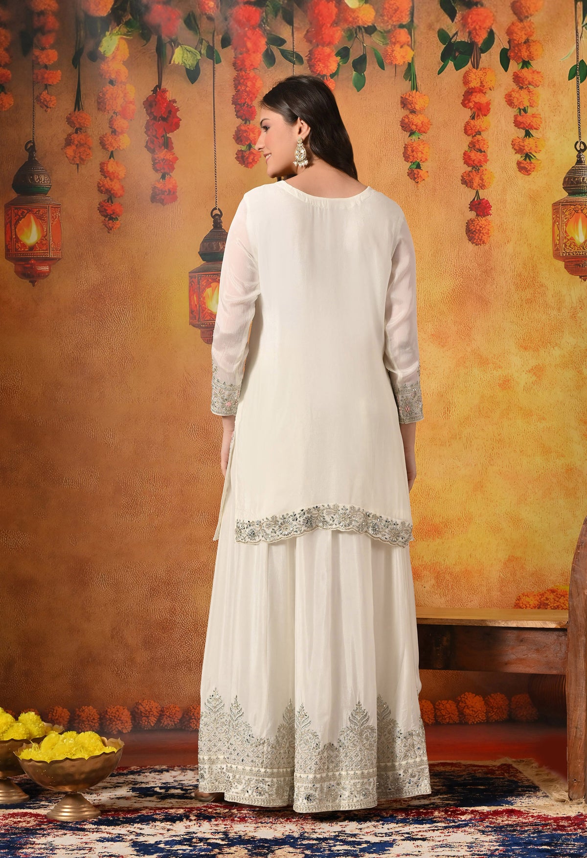 Golden Cream Zardozi Embellished Chinon Lehenga Set