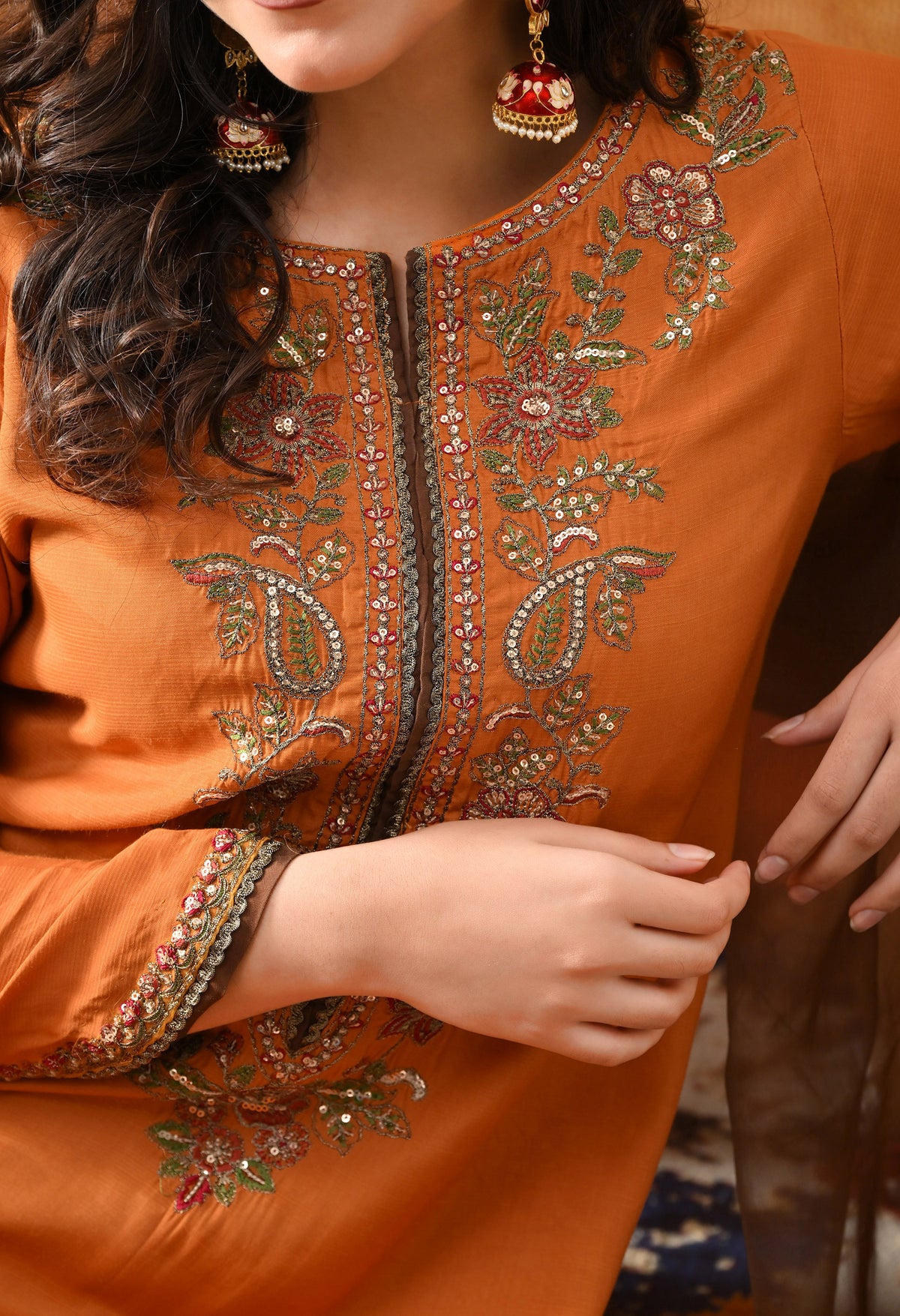 Orange Silk Kurta Set with Brown Farshi Salwar & Net Dupatta