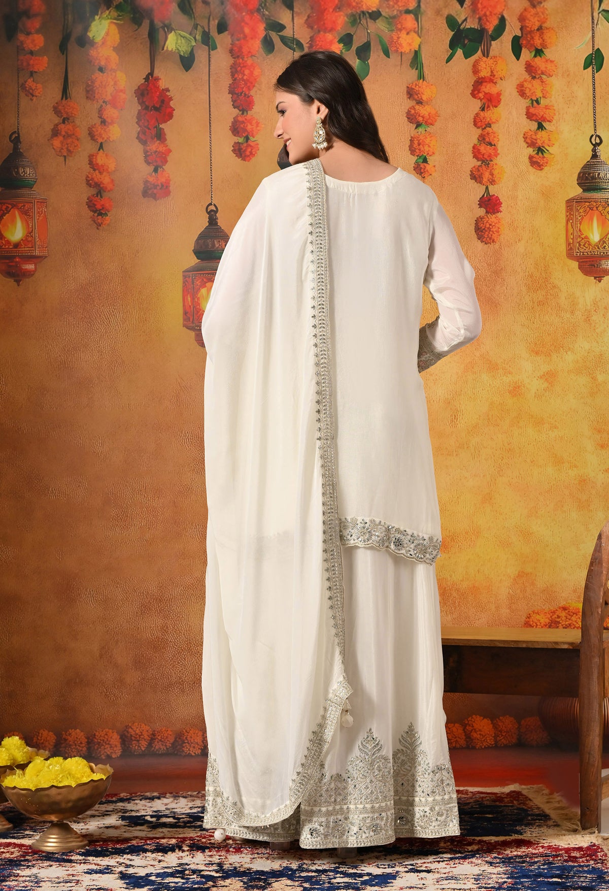 Golden Cream Zardozi Embellished Chinon Lehenga Set