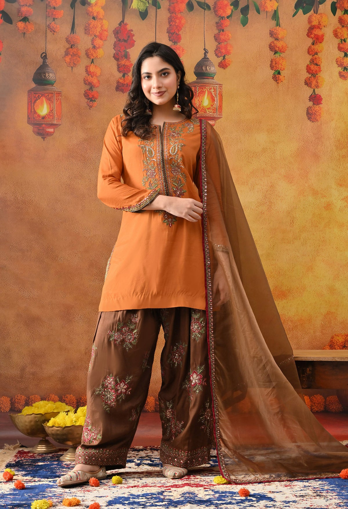 Orange Silk Kurta Set with Brown Farshi Salwar & Net Dupatta
