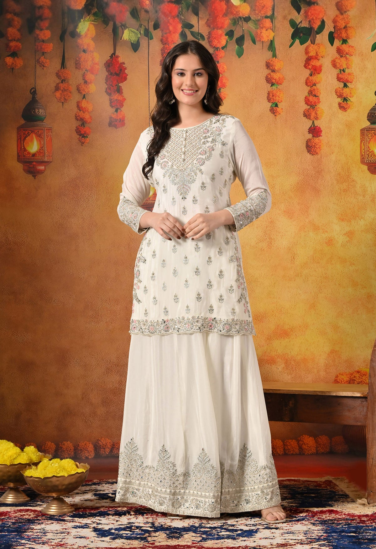 Golden Cream Zardozi Embellished Chinon Lehenga Set