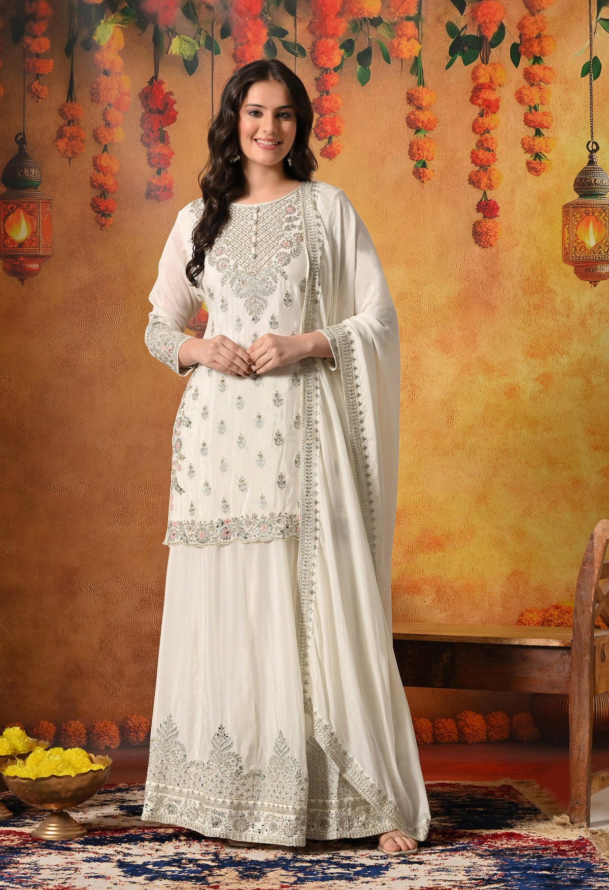 Golden Cream Zardozi Embellished Chinon Lehenga Set