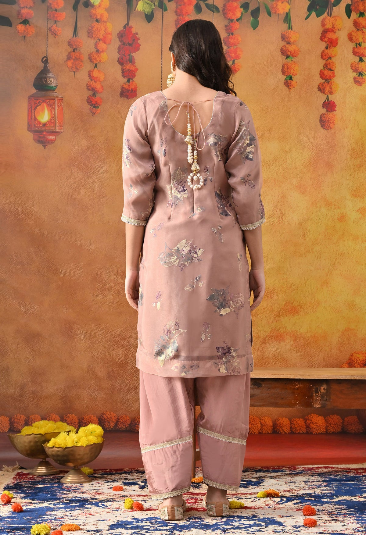 Dark Peach Tissue Organza Kurta Set with Salwar & Matching Dupatta
