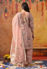 Dark Peach Tissue Organza Kurta Set with Salwar & Matching Dupatta